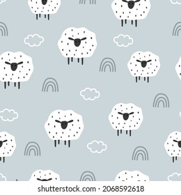 Sheep with rainbow in the sky seamless pattern. animal cartoon background Hand drawn design in children's style. For wallpaper, textiles, children's clothing designs