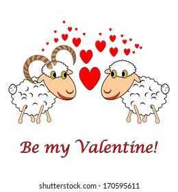 A sheep and a ram in love with text "Be my Valentine". Valentine's Day postcard with hearts. Vector-art illustration on a white background