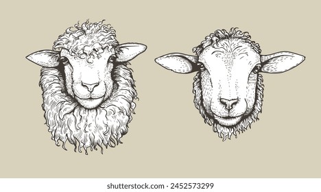 Sheep, ram sketch style set. Hand drawn illustrations, portrait view. Farm animal retro engraved style vector drawings collection.