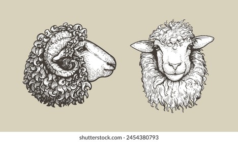 Sheep, ram sketch style set. Hand drawn illustrations, portrait view. Farm animal retro engraved style vector drawings collection.