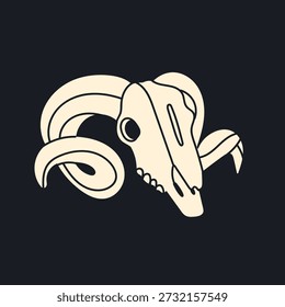 Sheep, ram Skull. Bone, head skeleton. White animal skull with twisted horns, teeth. Hand drawn trendy Vector illustration. Isolated design element. Logo, print, sticker template