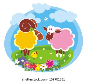 Sheep and ram. Vector illustration.