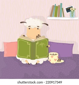 Sheep reading a book and drinking a hot drink with marshmallows. Cozy vector illustration. Year of the sheep