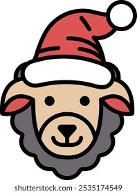 A sheep with a red hat on its head. The hat is decorated with a red bow. The sheep has a smile on its face