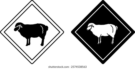 Sheep Road Signs. Black and White Vector Icons. Farm, Agriculture. Road Sign Warning about Animal Crossing the Road. Zoo Sticker