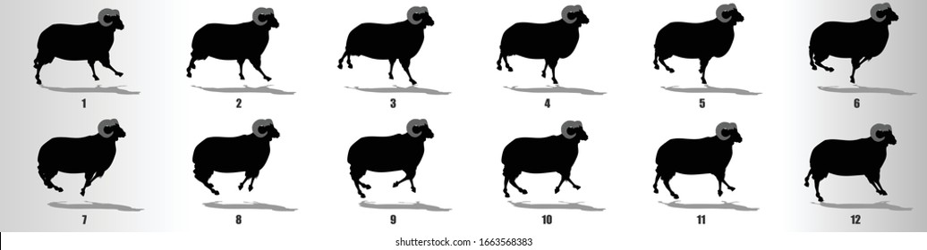 Sheep run cycle animation frames, loop animation sequence sprite sheet 