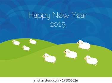 Sheep running in the field / year 2015 new year card / vector illustration