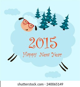sheep runs from Christmas trees on the back and congratulate the new year illustration