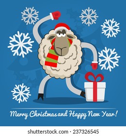 Sheep in Santa Claus hat near gift box with ribbon and text below on Christmas Eve. Xmas and New Year greeting card template with falling snowflakes. Vector.
