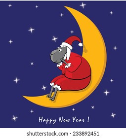 sheep in santa clothes sit on moon and dream