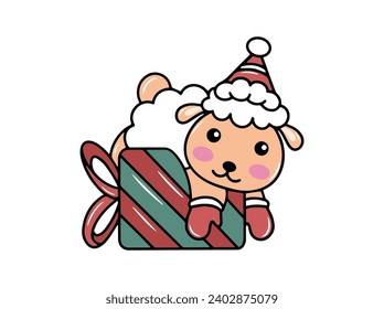 Sheep with Santa Hat Christmas Illustration