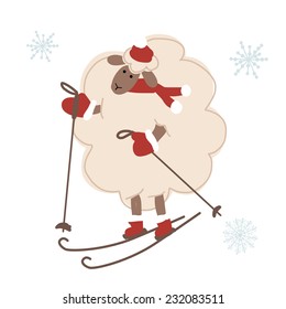 Sheep santa skiing, symbol of new year 2015