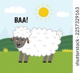 A sheep saying baa print. Cute farm character on a green pasture making a sound. Funny card with animal in cartoon style for kids. Vector illustration