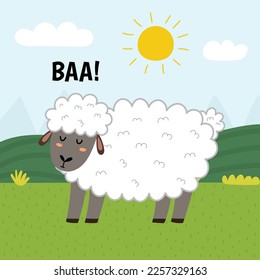 A sheep saying baa print. Cute farm character on a green pasture making a sound. Funny card with animal in cartoon style for kids. Vector illustration