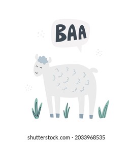 La oveja dice baa. Ilustración vectorial dibujada a mano. Un animal lindo con letras.