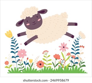 A sheep in Scandinavian style jumps through a field of flowers. Baby flat graphic vector illustration.