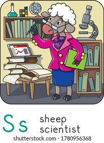 Sheep scientist. Animals profession ABC Alphabet S
