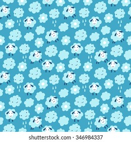 Sheep seamless background. Surface kid decoration with colorful sheep, clouds and flowers.Vector illustration. Cloth design, wallpaper, wrapping.