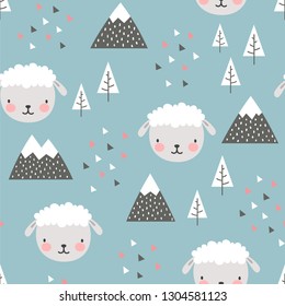 Sheep Seamless Pattern Background, Scandinavian Happy cute lamb in the forest between mountain tree and cloud, Cartoon sheep Vector illustration for kids nordic background with triangle dots