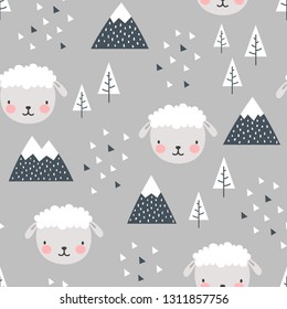 Sheep Seamless Pattern Background, Scandinavian Happy cute lamb in the forest between mountain tree and cloud, Cartoon sheep Vector illustration for kids nordic background with triangle dots