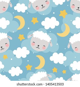 Sheep Seamless Pattern with clouds and stars, Cute Cartoon Animal Background, Illustration Vector