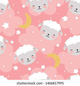 Sheep Seamless Pattern with clouds and stars, Cute Cartoon Animal Background, Illustration Vector