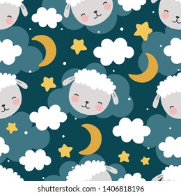 Sheep Seamless Pattern with clouds and stars, Cute Cartoon Animal Background, Illustration Vector