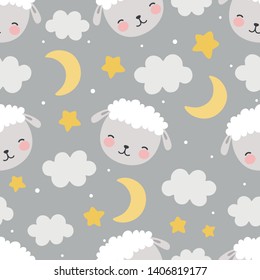 Sheep Seamless Pattern with clouds and stars, Cute Cartoon Animal Background, Illustration Vector