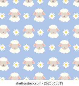 Sheep seamless pattern with flower and blue background