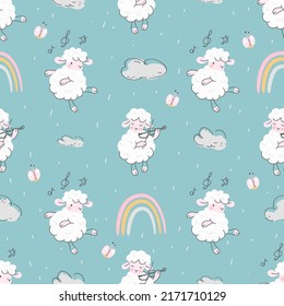 Sheep seamless pattern. Kid blanket print, white lamb and rainbow. Scandinavian style wallpaper design. Cartoon nowaday farm animals vector background