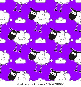 Sheep. Seamless Pattern. Vector Illustration. Cartoon Sheep Background Fabric Print