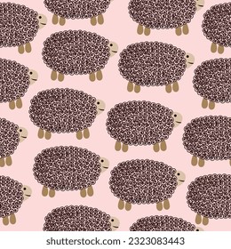 sheep seamless pattern, vector illustration of cute sheeps, cartoon doodle style.
