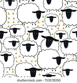 Sheep seamless pattern.vector hand drawn illustration.Can be used for kids or babies shirt design, fashion print design, t-shirt, kids wear,textile design