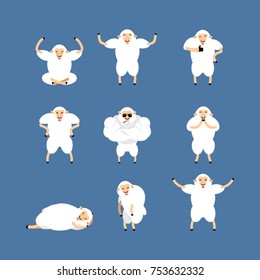 Sheep set poses and motion. Farm animal happy and yoga. Ewe sleeping and angry. guilty and sad. Vector illustration
