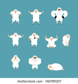 Sheep set poses and motion. Farm animal happy and yoga. Ewe sleeping and angry. guilty and sad. Vector illustration