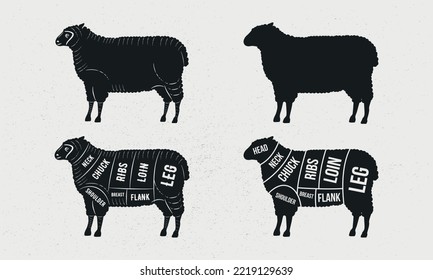 Conjunto de ovejas. Silhouette de oveja. Plantilla de diagrama de carnicero. Recortes de carne de cordero. Afiche vintage para comestibles, carnicería, tienda de carne. Ilustración del vector