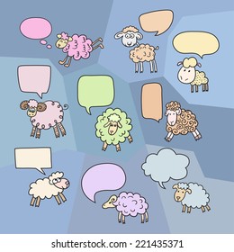 Sheep set with speech bubbles. Symbol 2015 Year, year of Sheep. Vector Illustration