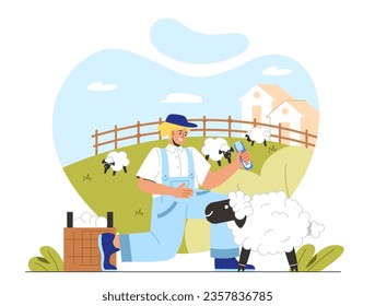 Sheep shearer concept. Man with electric razor near cattle. Domestic fluffy animals at backyard. Faming and agriculture, rural village. Production of wool. Cartoon flat vector illustration