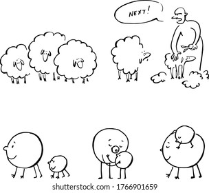 Sheep shearing and funny creature with his kid perfect for logos isolated on white background 