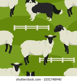 Sheep and sheepdogs Vector illustration Farm animals Geometric style Seamless pattern