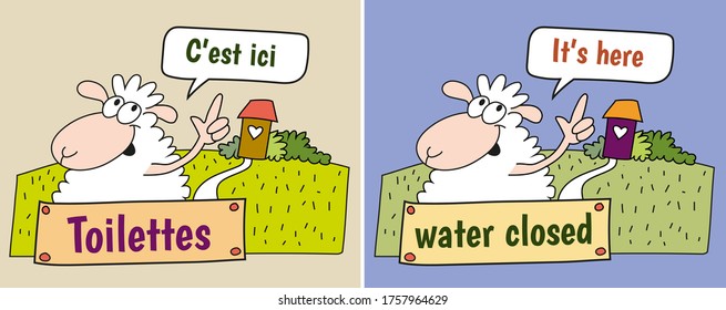A sheep shows the WC. The illustration is vectorized and the elements easily separable. The first image is in French: "Toilettes, c'est ici". The second is in English: Water closed, it's here ".