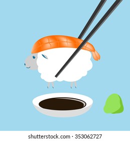sheep , shrimp sushi with chopstick , wasabi and shoyu , vector