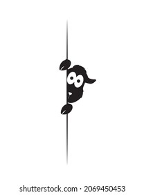 Silueta de oveja detrás de la pared, vector. Personaje de caricatura lindo aislado de fondo blanco. Ilustración de ovejas. Decoración infantil en la pared, arte en la pared. Obra minimalista en blanco y negro. 