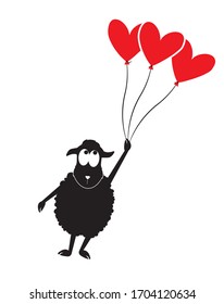Sheep silhouette holding heart balloons, vector Cartoon character. Kids wall decals, childish poster design, wall art, artwork