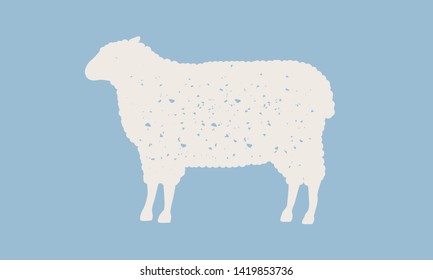 Sheep silhouette. Sheep icon isolated on blue background. Graphic design for meat shop, grocery, farmers market. Vintage typography. Vector Illustration
