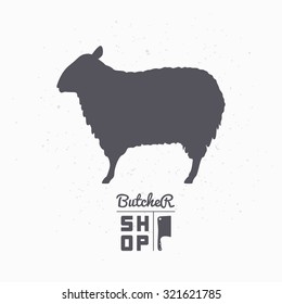 Sheep silhouette. Lamb meat. Butcher shop logo template for craft food packaging or restaurant design. Vector illustration