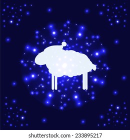 Sheep silhouette on blue decorative background. Vector illustration. 