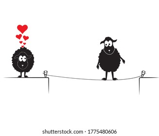 Sheep silhouettes on wire on love, vector. Sheep couple in love with red hearts illustration. Cartoon character isolated on white background. Wall decals, artwork, wall art, fun poster design