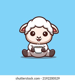 Oveja sentado tomando café Cute Creative Kawaii Cartoon Mascot Logo