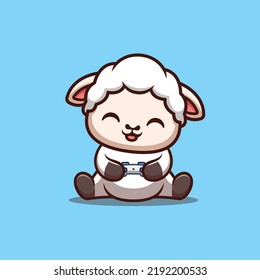 Sheep Sitting Gaming Cute Creative Kawaii Cartoon Mascot Logo